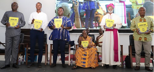 Rev. Dr Ntim Fordjour (3rd from left), Deputy Minister of Education; Justice Jones Dotse (far right), a Justice of the Supreme Court; Most Reverend Charles Palmer-Buckle (2nd from right), Metropolitan Archbishop of Cape Coast; Nana Akuoko Sarpong (seated), Omanhene of Agogo Traditional Area; Emmanuel Fiemawhle (left), Headmaster of Accra Academy, and Simon Ontoyin (2nd from left), author, jointly launching the book at the ceremony in Accra